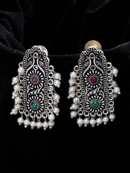 PANASH - Pink & Green Silver Plated German Silver Oxidised Long Stud Earrings