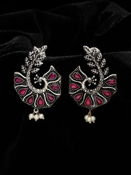 PANASH - Silver Plated & Pink Peacock Shaped Oxidised Drop Earrings