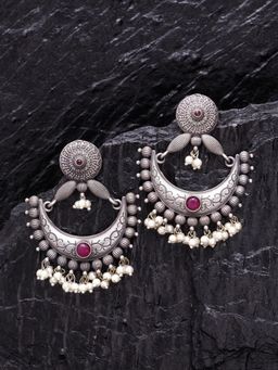 PANASH - Silver Plated Crescent Shaped Oxidised Drop Earrings