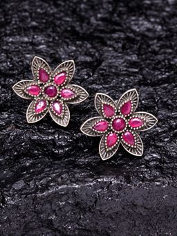 PANASH - Silver Plated & Pink Floral Oxidised Studs