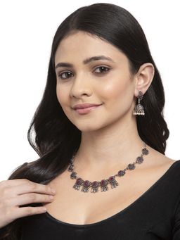 PANASH - Oxidised Silver Plated Pink Stone Studded Handcrafted Jewellery Set
