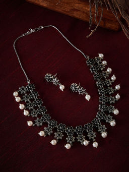 PANASH - Women Oxidised Silver-Plated Stone-Studded Handcrafted Jewellery Set (Set of 2)