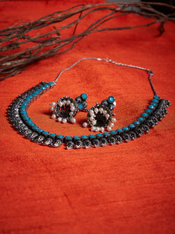 PANASH - Women Oxidised Silver-Plated and Blue Stone-Studded Handcrafted Jewellery Set (Set of 2)