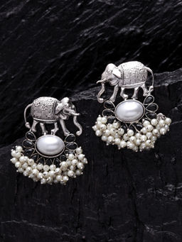 PANASH - Oxidised Silver_Plated Elephant Shaped Drop Earrings