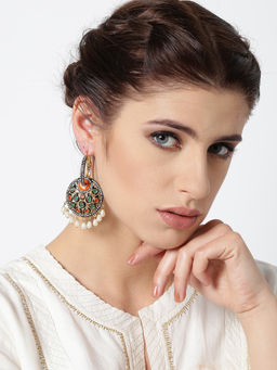 PANASH - Multicoloured Gold-Plated Stone-Studded Antique Hoop Earrings