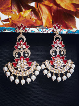 PANASH - Red & Off-White Gold-Plated Kundan Handcrafted Floral Shaped Drop Earrings