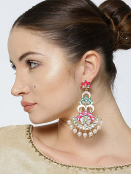 PANASH - Red & Green Gold-Plated Kundan Handcrafted Floral Shaped Drop Earrings