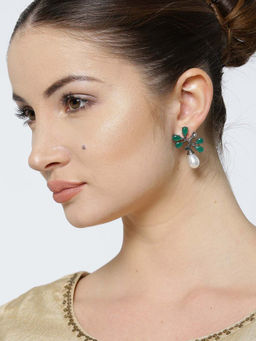 PANASH - Green & Off-White Rhodium-Plated Handcrafted CZ Stone-Studded Contemporary Studs