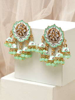 PANASH - Gold-Plated & Green Kundan Floral Shaped Enamelled Drop Earrings