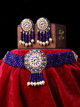 PANASH - Gold-Plated Blue Kundan Studded Pearl Embellished Meenakari Jewellery Set (Set of 2)