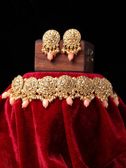 PANASH - Gold-Plated LCT Kundan-Studded Beaded Handcrafted Choker Jewellery Set (Set of 2)