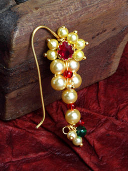 PANASH - Gold-Plated Red CZ-Studded Pearl Beaded Nosepin