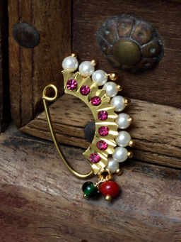 PANASH - Gold-Plated White Pink CZ-Studded Pearl Beaded Nose Pin