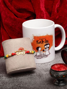 PANASH - Gold-Toned Pearl Beaded Kanha Rakhi With Happy Rakhi Mug