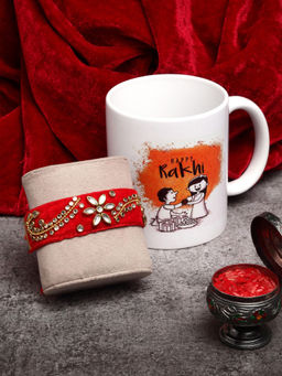 PANASH - Red and Gold-Toned Kundan Rakhi With Happy Rakhi Mug
