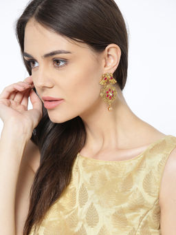 PANASH - Antique Gold Plated & Pink Peacock Shaped Drop Earrings