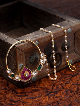 PANASH - Gold-Plated White Kundan-Studded Chained Nose Ring