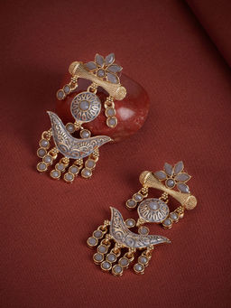 PANASH - Gold-Plated & Grey Stoned-Studded Enamelled Drop Earrings