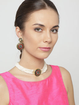 PANASH - Off-White Gold-Toned Stone-Studded Beaded Jewellery Set