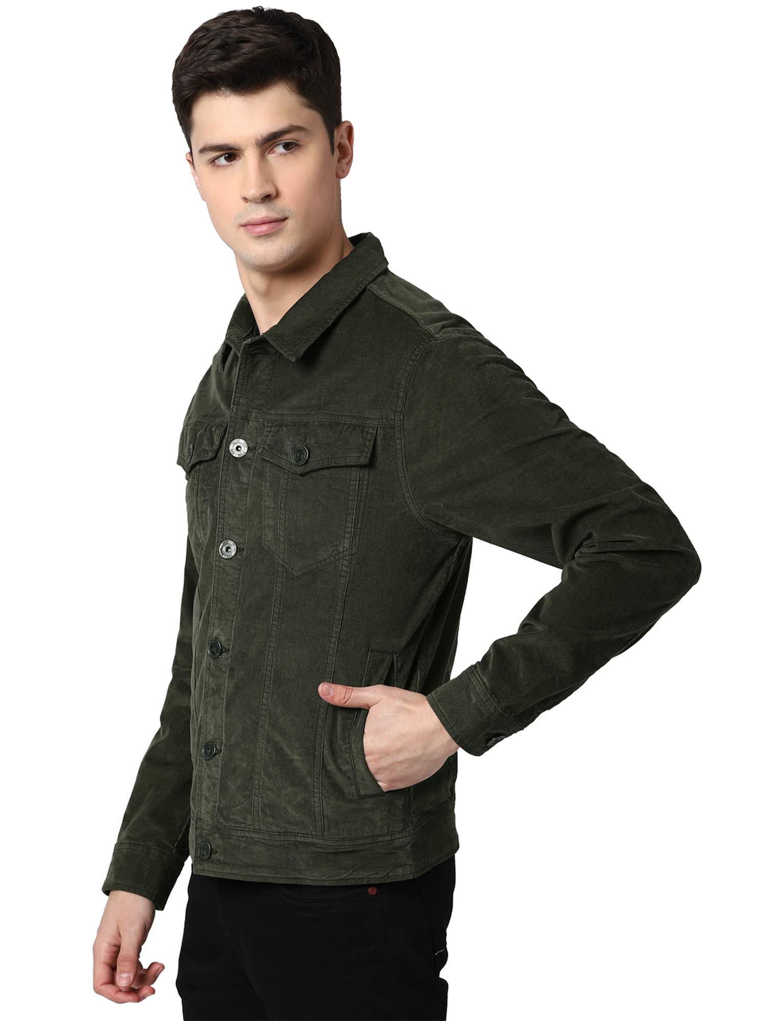 Peter England Jeans Olive Solid Jacket 