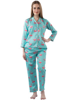 Pyjama Party - Pink Flamingo Women's Cotton Pyjama Set - Sky Blue