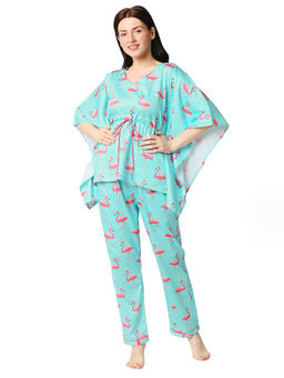 Pyjama Party - Pink Flamingo Women's Cotton Kaftan Pyjama Set - Blue