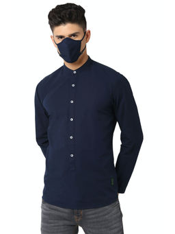 Peter England - Jeans Navy Blue Solid Casual Shirt with Mask