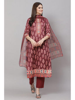 Biba - Maroon Cotton Blend Unstitched Dress Material Suit (Set of 3)