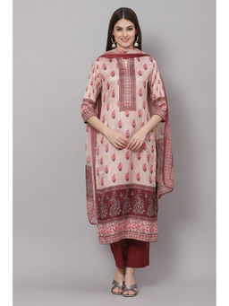 Biba - Beige Cotton Blend Unstitched Dress Material Suit (Set of 3)