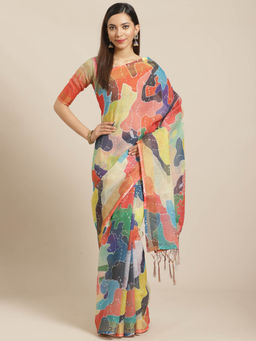 Akhilam - Multi-Color Geometric Printed Saree With Unstitched Blouse