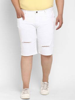 Urbano Plus - Men's White Regular Fit Heavy Distressed Torn Denim Shorts Stretchable