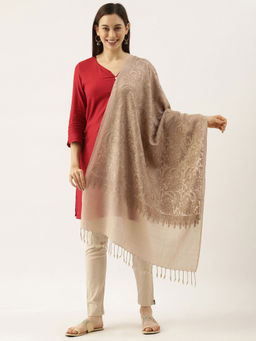 Pashmoda - Women Beige Pure Wool Embroidered Stole Woolmark Certified