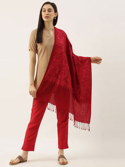 Pashmoda - Women Maroon Pure Wool Embroidered Stole Woolmark Certified