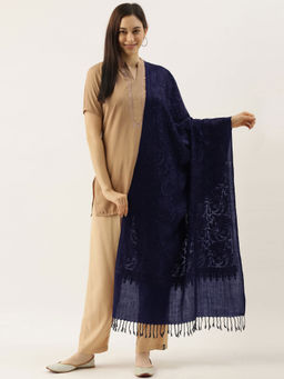 Pashmoda - Women Navy Blue Pure Wool Embroidered Stole Woolmark Certified