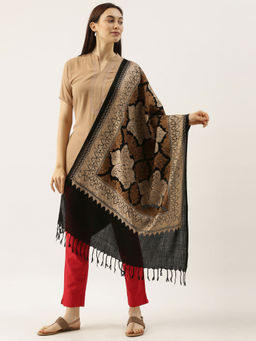 Pashmoda - Women Black Pure Wool Embroidered Stole Woolmark Certified