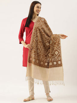 Pashmoda - Women Beige Pure Wool Swarovski Crystal and Aari Embroidered Stole Woolmark Certified