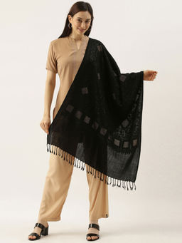 Pashmoda - Women Black Pure Wool Swarovski Crystal and Aari Embroidered Stole Woolmark Certified
