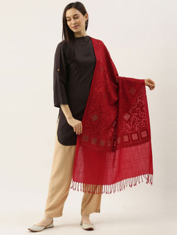 Pashmoda - Women Maroon Pure Wool Swarovski Crystal and Aari Embroidered Stole Woolmark Certified