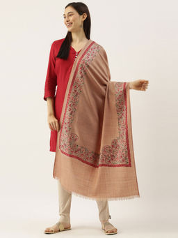 Pashmoda - Women Beige Pure Wool Nalki Embroidered Stole Woolmark Certified