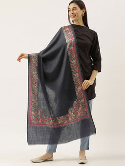 Pashmoda - Women Navy Blue Pure Wool Nalki Embroidered Stole Woolmark Certified