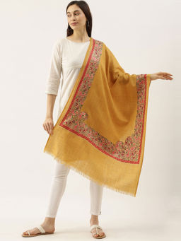 Pashmoda - Women Yellow Pure Wool Nalki Embroidered Stole Woolmark Certified