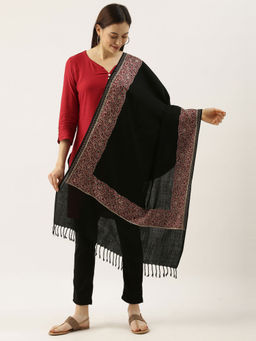 Pashmoda - Women Black Pure Wool Nalki Embroidered Stole Woolmark Certified