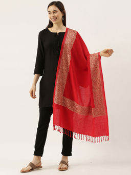Pashmoda - Women Red Pure Wool Nalki Embroidered Stole Woolmark Certified