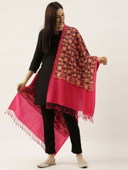 Pashmoda - Women Pink Pure Wool Embroidered Stole Woolmark Certified