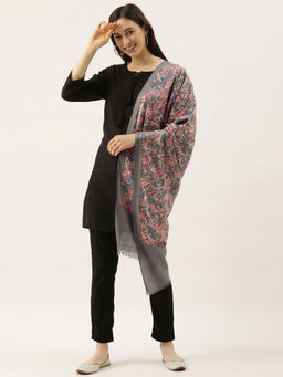 Pashmoda - Women Grey Pure Wool Nalki Embroidered Stole Woolmark Certified