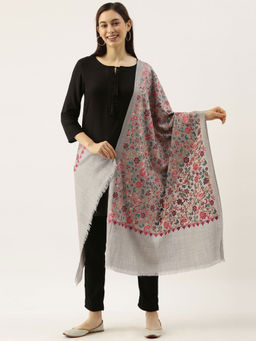 Pashmoda - Women Light Grey Pure Wool Nalki Embroidered Stole Woolmark Certified