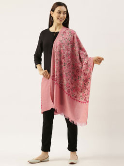 Pashmoda - Women Light Pink Pure Wool Nalki Embroidered Stole Woolmark Certified