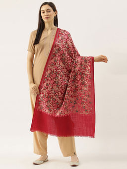 Pashmoda - Women Maroon Pure Wool Nalki Embroidered Stole Woolmark Certified