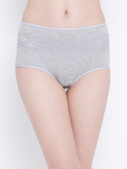 Clovia - High Waist Hipster Panty With Lace Waist In Grey - Cotton & Lace