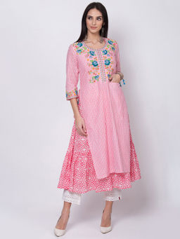 Biba - Pink Striped Kurta With Inner (Set of 2)